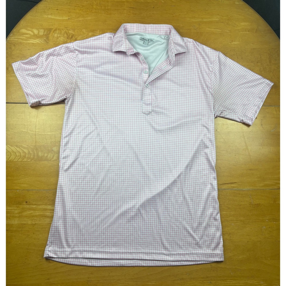 Collars & Co Mens Dress Collar Polo Pink White Gingham Check Performance Shirt L